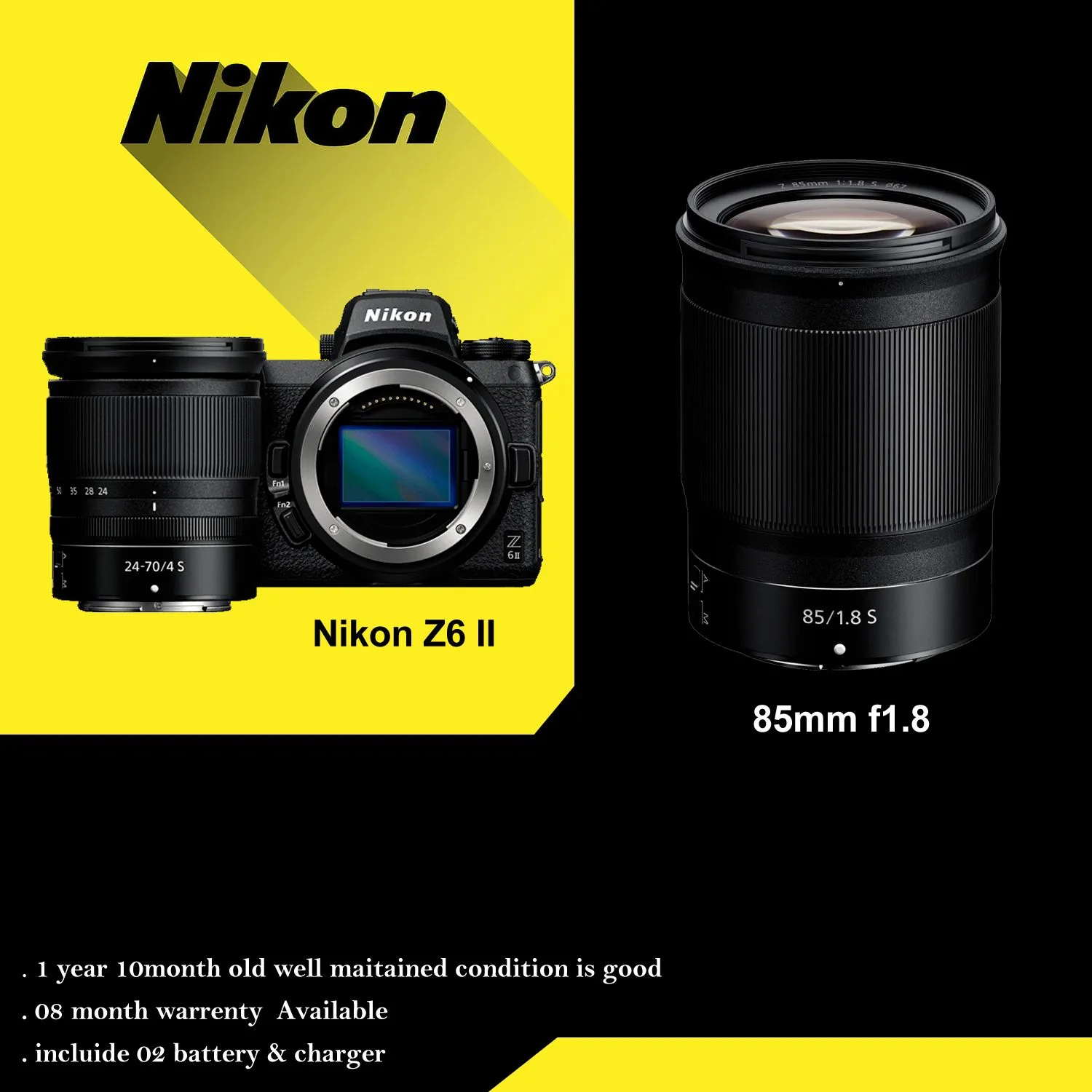 Nikon Z6 II Body, 24-70 f4prime lence, 85mm f1.8 Block lence 02 Battery + Charger for sale in udupi, Karnataka