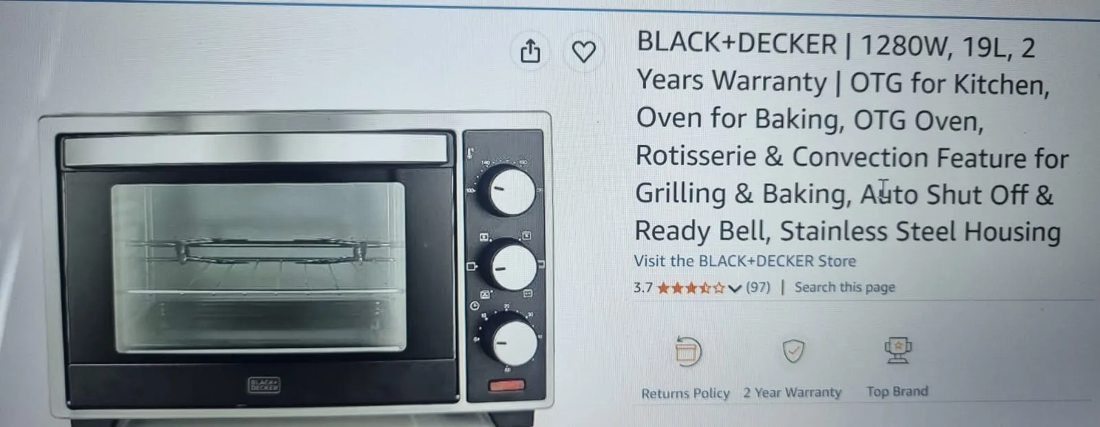 OTG for Kitchen - BLACK+DECKER - 1280W, 19L for sale in Mumbai, Maharashtra