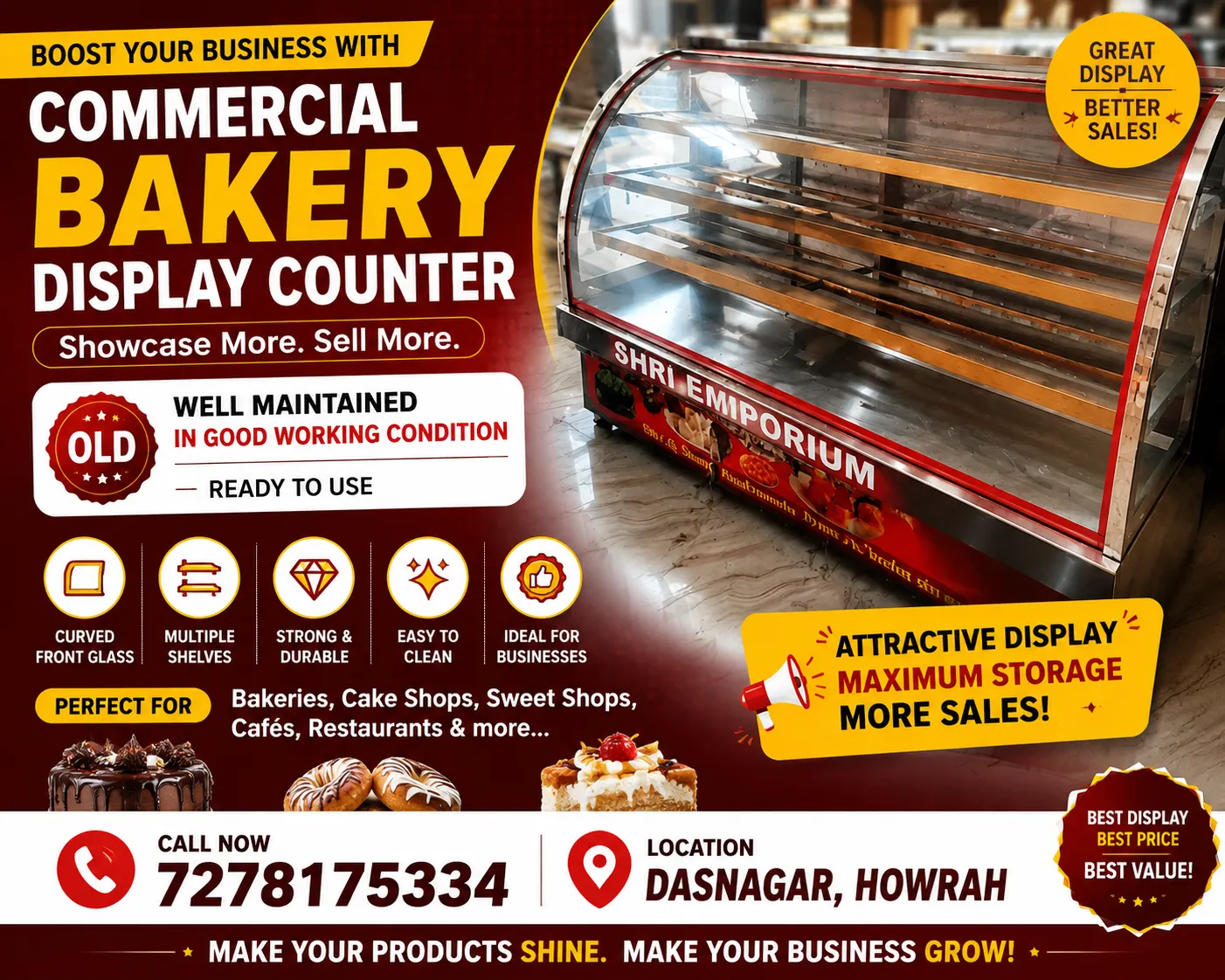 commercial bakery display counter/display showcase for sale in Howrah, West Bengal