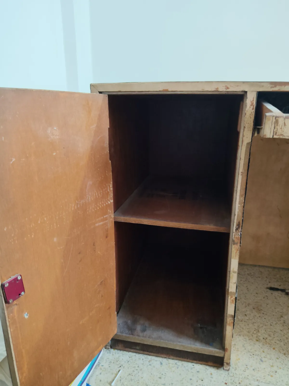 Plywood table with 2 cabinets and 1 drawer and a pc keyboard - Thumbnail 3
