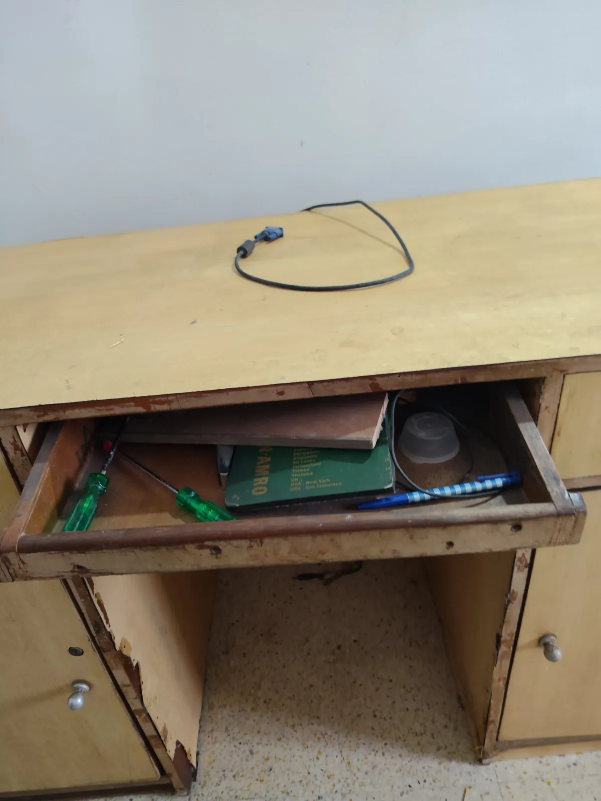 Plywood table with 2 cabinets and 1 drawer and a pc keyboard - Thumbnail 5