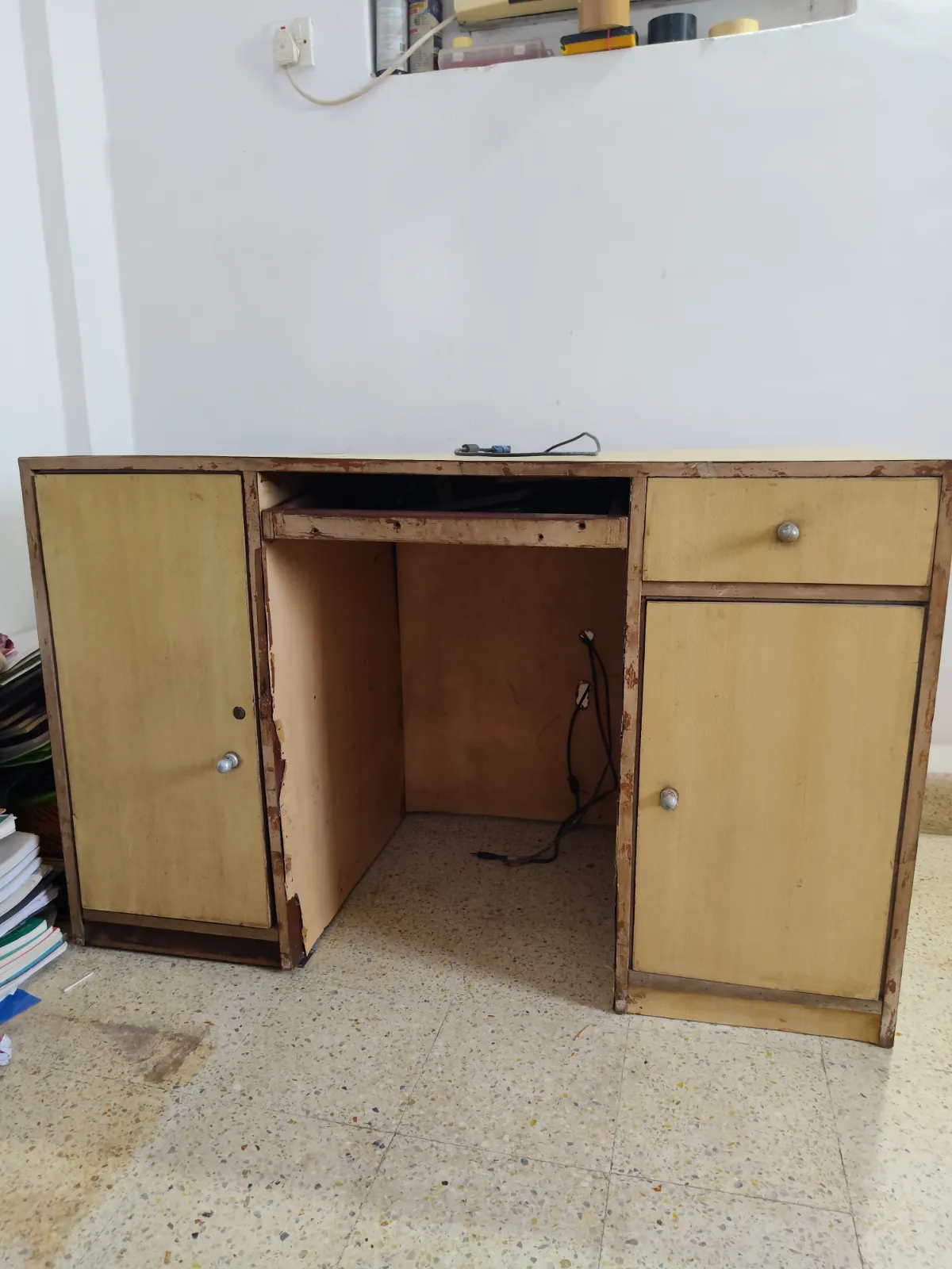 Plywood table with 2 cabinets and 1 drawer and a pc keyboard - Thumbnail 2